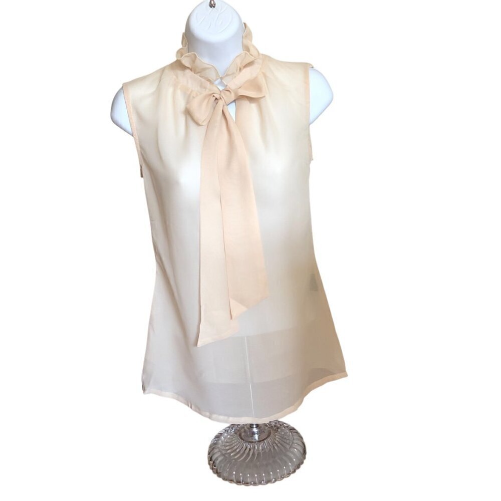 NWT Ruffle Neck Bow Tie Sleeveless Top Blouse Office Modest Career XS
